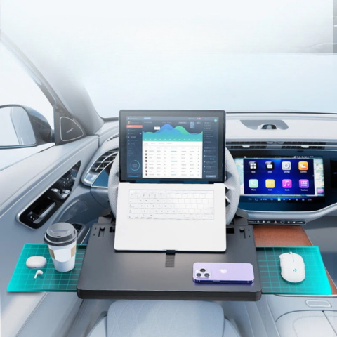 Multifunktionel tablet til bilrattet - mobilt kontor og måltider i bilen